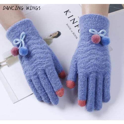3Pair Female Fashion Flexible Knit Touch Phone Screen Gloves Winter Women Cashmere Full Finger Warm Cute Fur Ball Cycling Gloves
