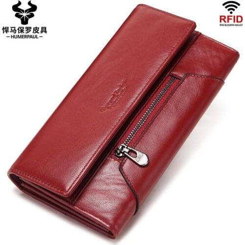 Womens leather wallet Womens leather wallet long clutch multi-card pocket RFID anti-magnetic ladies mobile phone bag