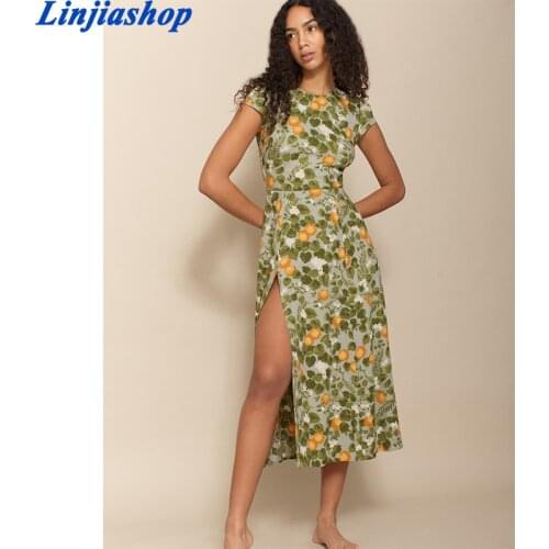 Spring summer women midi dress vintage floral print short sleeves chiffon long dress elegant lady robe femme