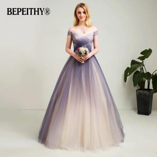 2020 New Design Off The Shoulder A line Long Prom Dresses Gradient Soft Tulle Long Evening Party Dress Vestido De Festa