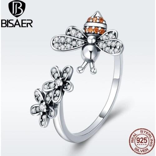 BISAER Hot Sale 925 Sterling Silver Bee Finger Ring Crystal bee Rings for Women Adjustable Ring Sterling Silver Jewelry ECR422