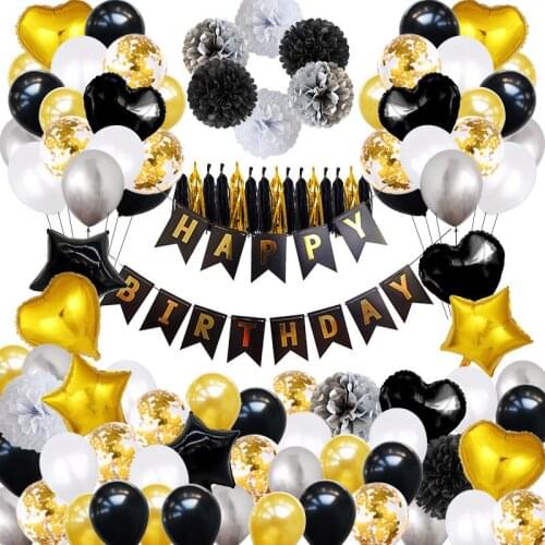 1 Set Black Gold Banner Latex Confetti Balloon Paper Pompoms Flower Spiral Hanging Happy Birthday Decoration Party Supplies