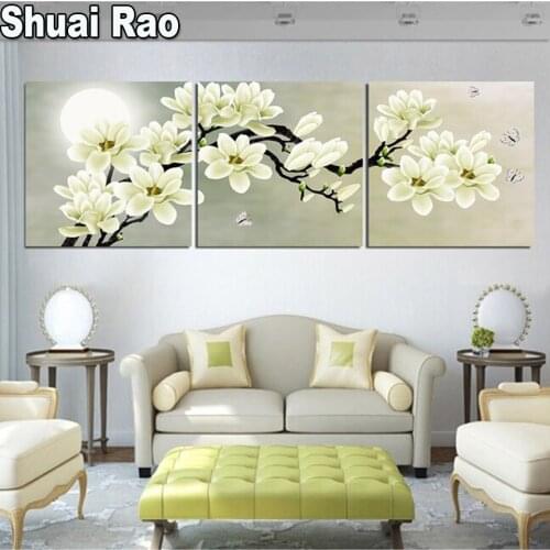 3 Pieces White Magnolia Flowers 3d wall stickers Diamond Mosaic Diamond Embroidery Full Round Diamant Triptych Painting Art