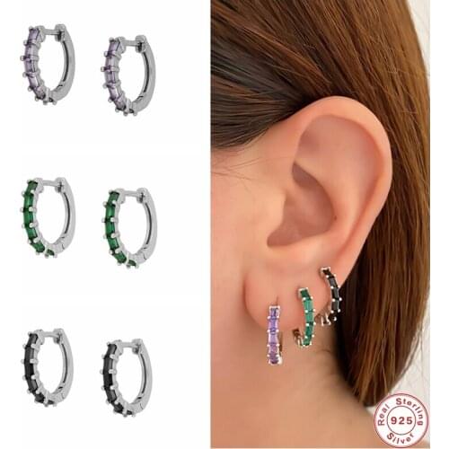 GS 925 Sterling Silver Gold Purple Green Hoop Earrings Piercing Pendiente Circle Round Colorful Zircon Huggie Earrings Jewelry