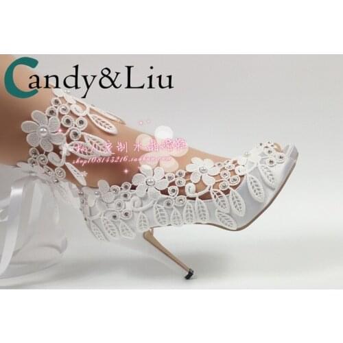 White lace flower fish mouth bride wedding shoes pearl water drill photo binding wristband Satin sexy platform womens single