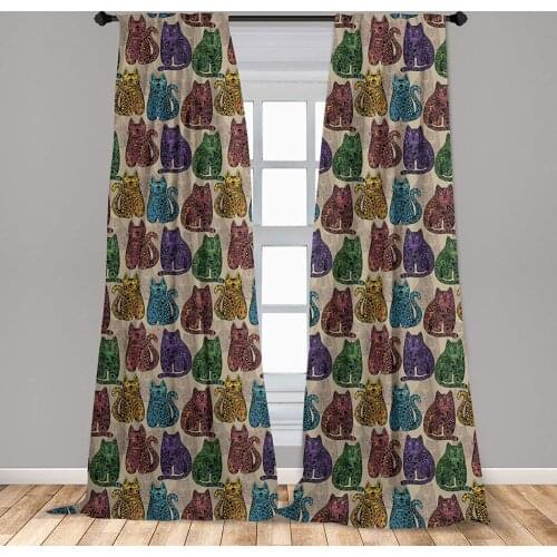 Beige Pink Tattoo Window Curtains Colorful Vintage Cat Animal with Mandala Inspired Floral Lightweight Decorative