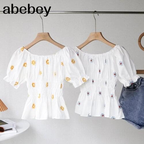 Women French Floral Blouse Sweet Puff Sleeve Square Collar Ruffles Tops Summer Boho Print Elastic Ruched Short Blouses