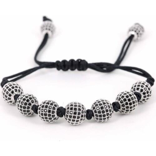 Brand Men Bracelet 24K Gold 8mm Round Beads & 10mm Micro Pave Black CZ Beads Braiding Macrame Bracelet Fit Men Fathers Day Gift