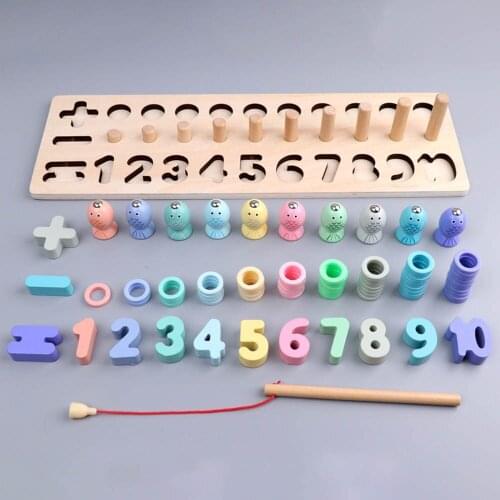 Wooden Montessori number board computing fishing game puzzle learning three in one intelligence development math teaching aids