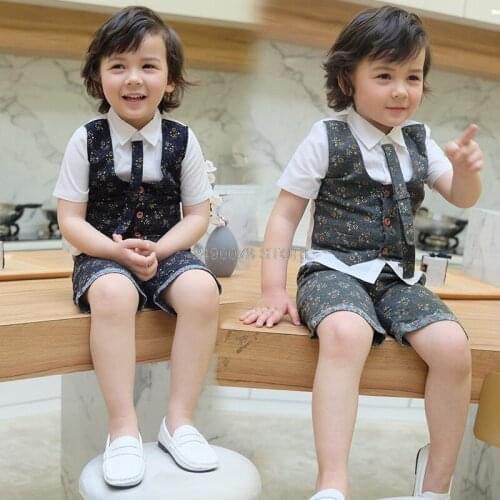 Children Performance Host Dance Party Dress Costume Flower Boys Wedding Suit School Kids Formal FakeVest Shirt Short 2Pcs