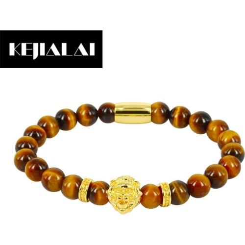 KEJIALAI Fashion Men Jewelry Lion Head Charm Bracelet Gold Rose Gold Color Natural Stone Beads Best Birthday Gift