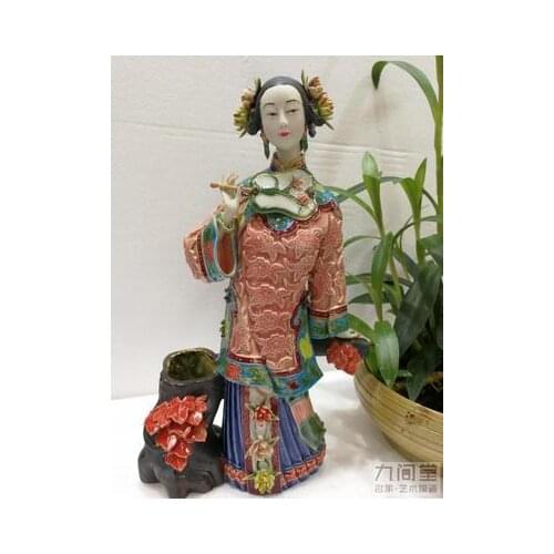 Late autumn ancient beauty shiwan doll Ceramic model room living room porch ancient frame girl Beauty figure Sculpture statue