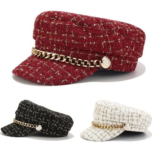 Fashion Wool Woven Women Hat Autumn Sailor Hats For Women Plaid Chain Black Flat Top Captain Cap Travel Cadet Hat Casquette