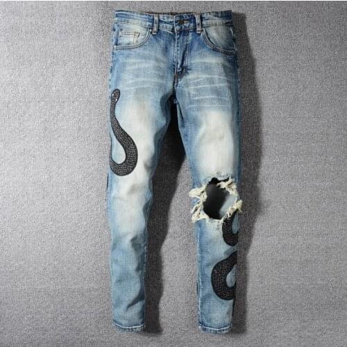 New Mens Italy Style Distressed Embroidery Snakes Pants Broken Patches Washed Blue Skinny Jeans Slim Trousers Size 28-42