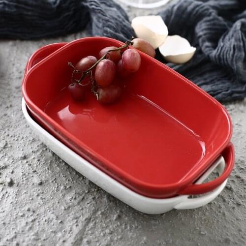 New red white Ceramic double ear baking plate rice bowl Ceramic tableware bread baking plate dinner plates