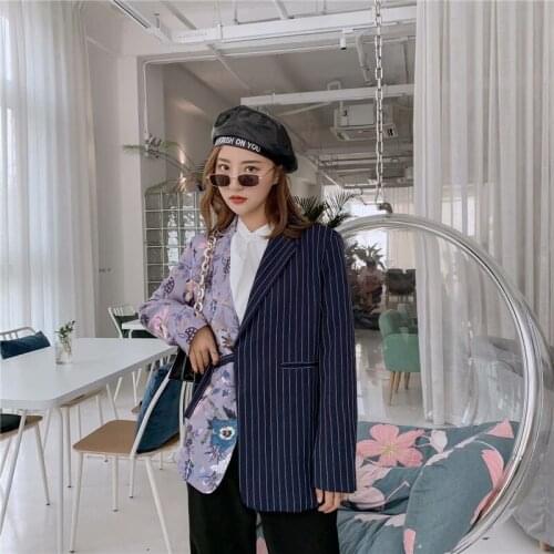 Women New Fashion Sweet Jacket Long Sleeve Office Coat Asymmetric Suit Striped Stitching Blazer Outerwear