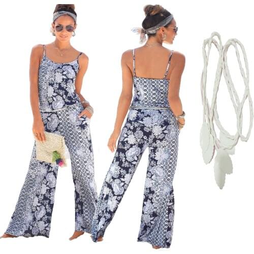 S-2XLwomen casual leisure strap jumpsuit lady sleeveless slash neck floral print jumpsuit summer holiday seasdie jumpsuit