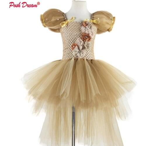 POSH DREAM Vintage Flower Girls Dresses for Party Puff Sleeves Toddler Baby Girls Clothes For Party vestido da bela e da fera