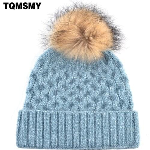 TQMSMY Winter Hats Women Warm Knitted Beanie With Real Fur PomPom Solid Color Knitting Gorras Bonnet Ladies Skullies Cap TMB21