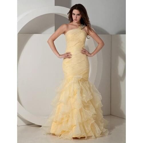 Daffodil Evening Dress Organza Ruffle One Shoulder Beading Mermaid Maxi Party Dress