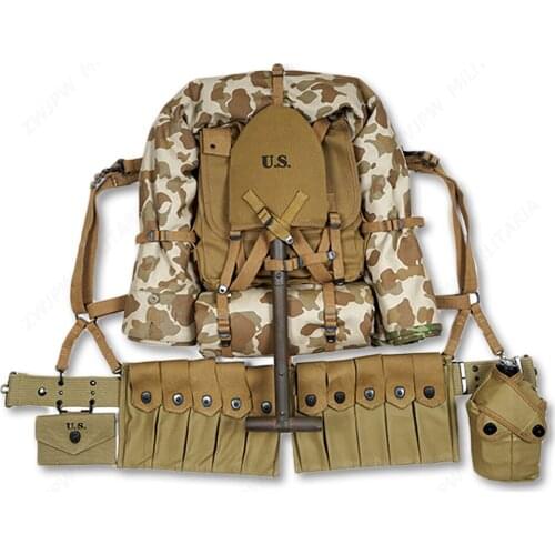 WW2 US ARMY EQUIPMENT CONBINATION USMC UPPER BACKPACK WITH STRAPS T-TYPE SPADE FIVE CELL POUCH ONE TENT AND ONE RAIN CAPE war