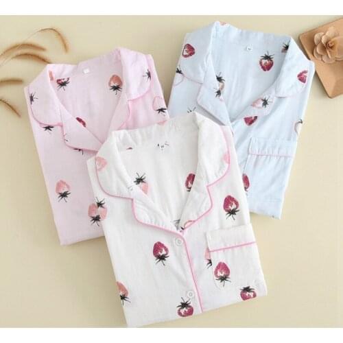 Strawberry Print 100% Cotton Double Gauze Women Pajamas Long Sleeve Long Pants Pink Pijama Summer Plus Size Home Pijama Mujer