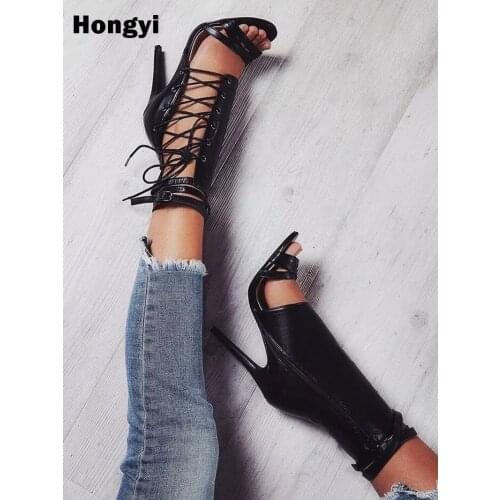 High Quality New Women Sandals Open Toe Cross Strap Lace Up Cutout Caged Ankle Boots Woman Gladiator Roman Sandals High Heels