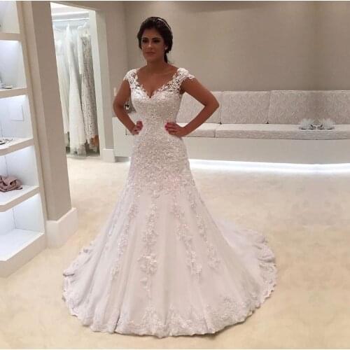 Fansmile deep v-neck Vestido De Noiva Lace appliques cap sleeve beading a-line Wedding Dresses 2020 Wedding Gown Bride Dress