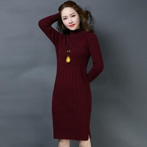 Autumn Winter Women Knitted Dress Casual Half Turtleneck Sweater Dresses Lady Slim Bodycon Long Sleeve Bottoming Dress Vestidos
