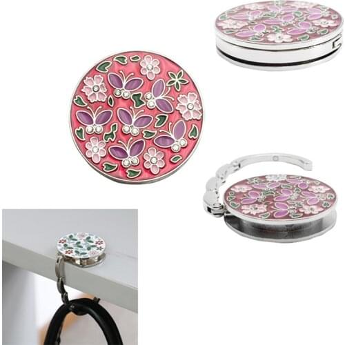 1pc Round Metal Hanger Hook Holder Unique Folding Portable Flower Pattern Fashion Table Hook Crystal Alloy Purse Handbag Bag