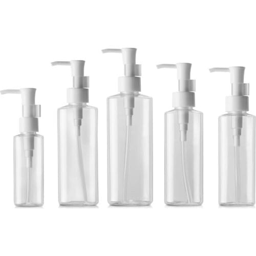 BEAUTY MISSION 24 pcs/lot 50ml 100ml 120ml 150ml 200ml Clear PET pump bottle Cleansing Oil flat bottles, plastic lotion bottles