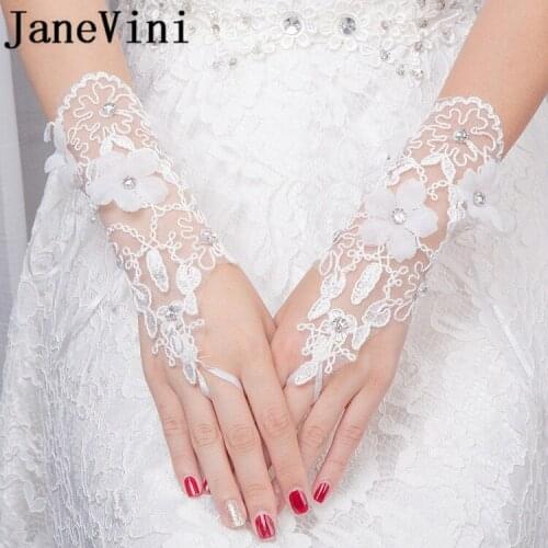 JaneVini 2018 White Short Wedding Gloves Fingerless Beaded Handmade Flowers Lace Bridal Gloves Gants Dentelles Femme Mariage