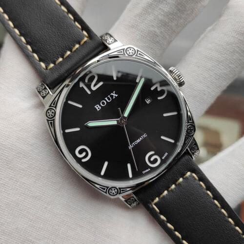 BOUX Fashion Seagull Automatic Mechanical Pilot Mens Watch Luminous Calendar Watch Men Engraved Business Leather Reloj Hombre