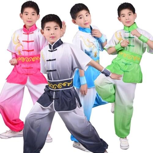 2019 chinese outfits for kids tai chi wushu kids kung fu uniform martial arts Performance suit Embroidery dragon gradient color