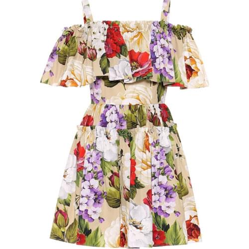 Runway Summer Ruffles Cloak Dress Women Off the Shoulder Spaghetti Strap Dress Floral Print Holiday Elegant Short Dresses k303