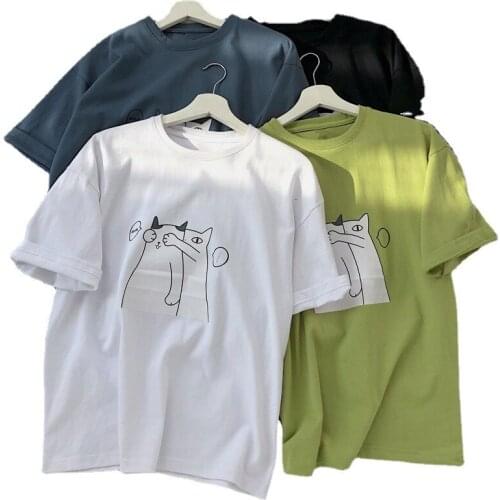 Mens Cotton Oversize T-shirt Cute Cats Printing Casual Short Sleeve Tees Young Fashion Tops Male Clothes