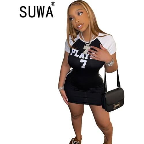 Classic Contrast Patchwork Letter Printed New Arrival Summer Mini Sheath Dresses For Women Sexy Party Dress Cool Girl Clothing