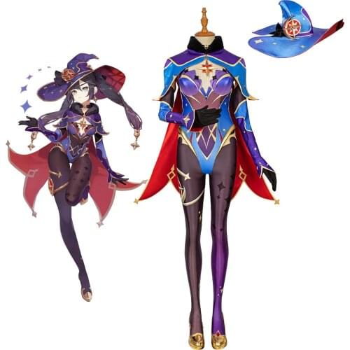 Genshin Impact Mona Cosplay Costume Mona Dress Shoes Hat Full Set Custom Made for Halloween Party Cosplay
