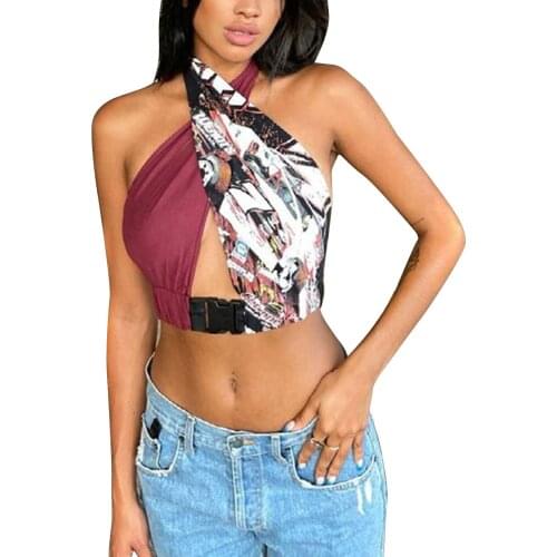 Womens Cross Halter Crop Tank Tops, Sleeveless Backless Color Block Buckle Front Camisole Summer