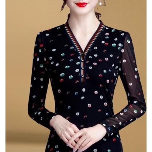 M-4XL V-neck Mesh Bottoming Shirt Female Long-sleeved Mesh Tops Plus Size Clothing Patchwork Polka Dot Women Pullover T Shirt