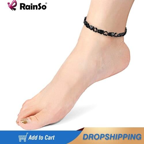 RainSo 2020 Fashion Anklets for Women Stainless Steel Magnetic Health Care Anklets Femal Black Hollow Love Design Dropshipping