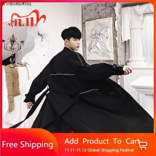 AreMoMuWha 2019 Autumn New Long Windbreaker Men Bf Loose Coat Retro Coat Jacket Tide Long Hooded Overcoat Jackets for Men QX846