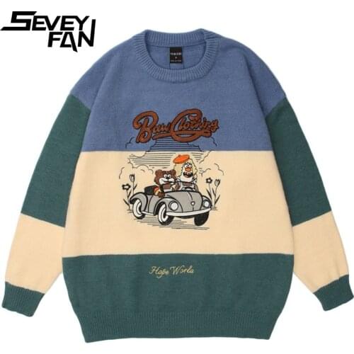 SEVEYFAN Mens Cartoon Bear Embroidery Sweaters Color Contrast Loose O Neck Kintwear Hip Hop Pullover Sweater for Couples