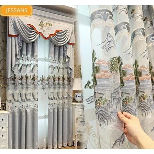 New Chinese High-end Hollow Embroidered Curtains for Living Room and Bedroom Finished Custom Gauze Curtains Valance
