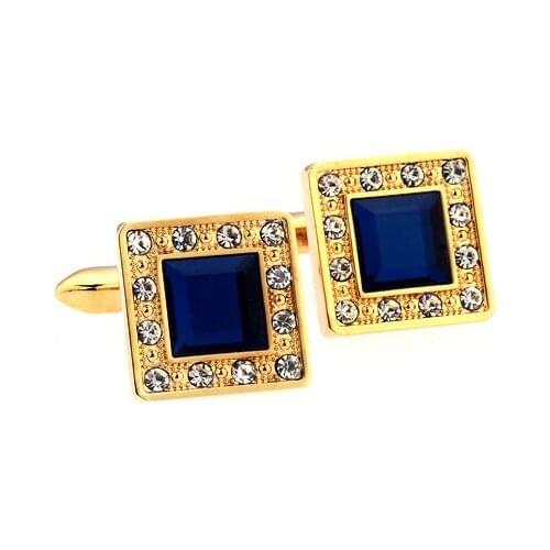 New Style Factory Price Retail Mens Copper Material Golden Colour Blue Crystal Style Cuff Links