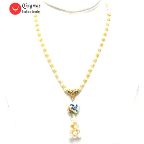 Qingmos 5-6mm Round Natural White Pearl Necklace for Women with 18mm Cloisonne Pendant Necklace Chokers 18" Fine Jewelry nec6386