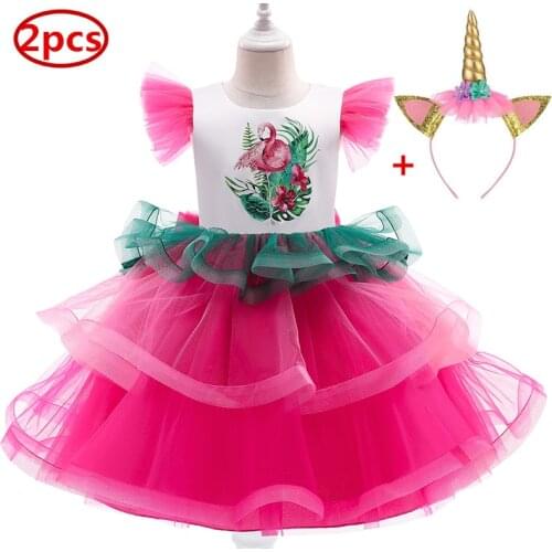 Flower Girl Wedding Flamingo Tutu Dress Girls Christmas Party Clothing Elegant Holiday Party Girl Princess Colorful Costume
