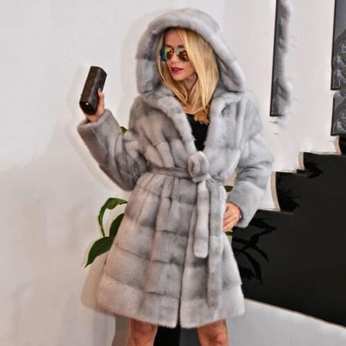 Light Grey Real Mink Fur Coat for Women 2021 Winter New Full Pelt Natural Mink Fur Coat with Hood Luxury Fur Overcoat Genuine