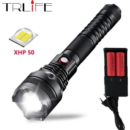 LED Flashlight Searchlight XHP50 Powerful Flashlights Flash Light Self-Defense LED Torch By 2*26650 Battery For Camping