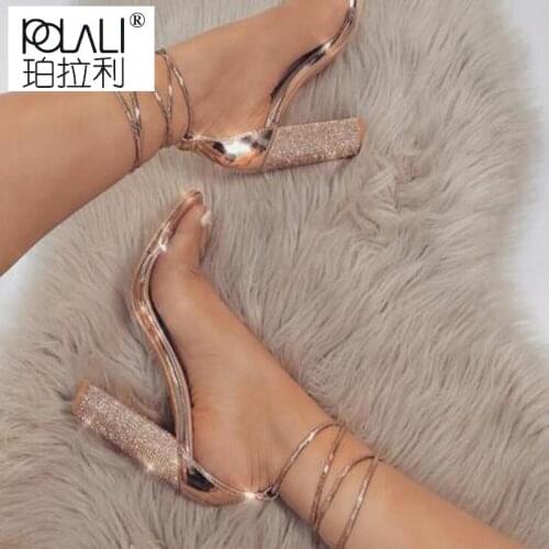 Big size 34-43 Women Heeled Sandals Bandage Rhinestone Ankle Strap Pumps Super High Heels 11 CM Square Heels Lady Shoes new #265